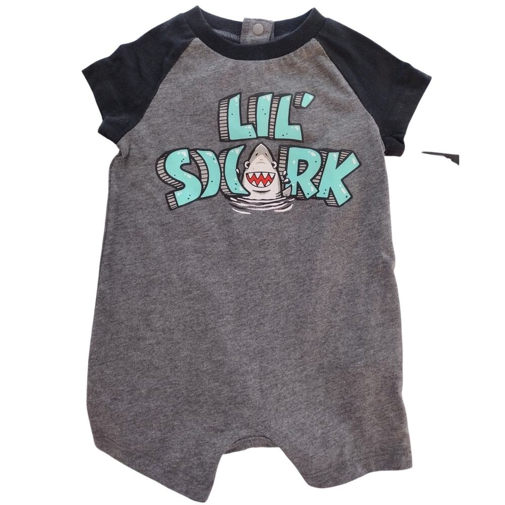 Hurley | Lil' Shark Graphic Black & Gray Raglan One-Piece Short Sleeve Romper 3M